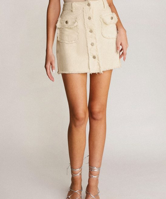 Beige Button Front Frayed Trim High Rise Denim Mini Skirt