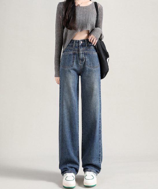 Blue High-Rise Straight-Leg Panel Pocket Jeans