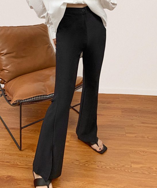 Black Stretch High Rise Front Slit Flared Jeans