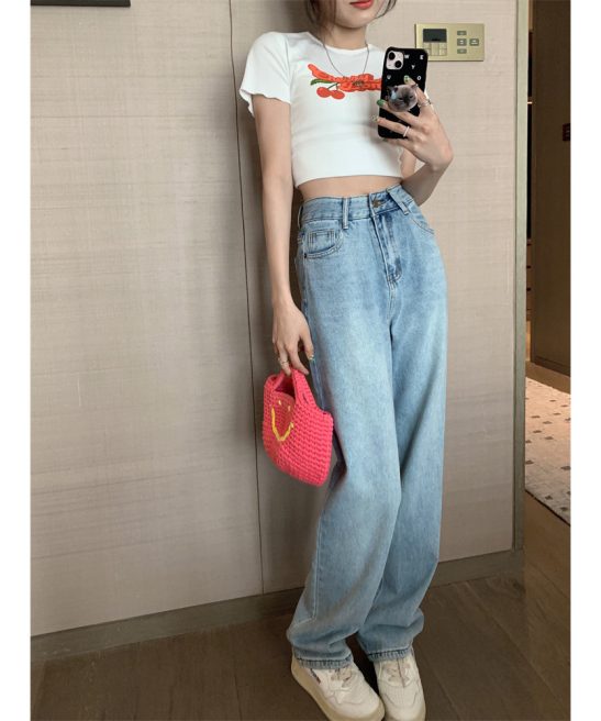 Light Blue Letter-Print Straight-Leg High-Rise Jeans