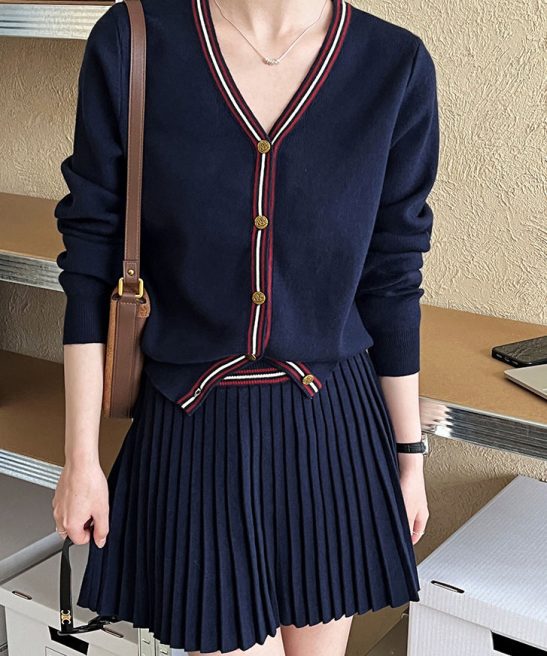 V-Neck Pleated Jersey Skirt Set