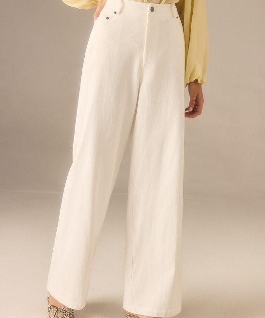 Cotton Twill Wide-Leg Pants with Metal Rivet Button