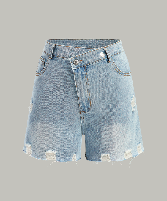 Asymmetric Waist Distressed Denim Shorts
