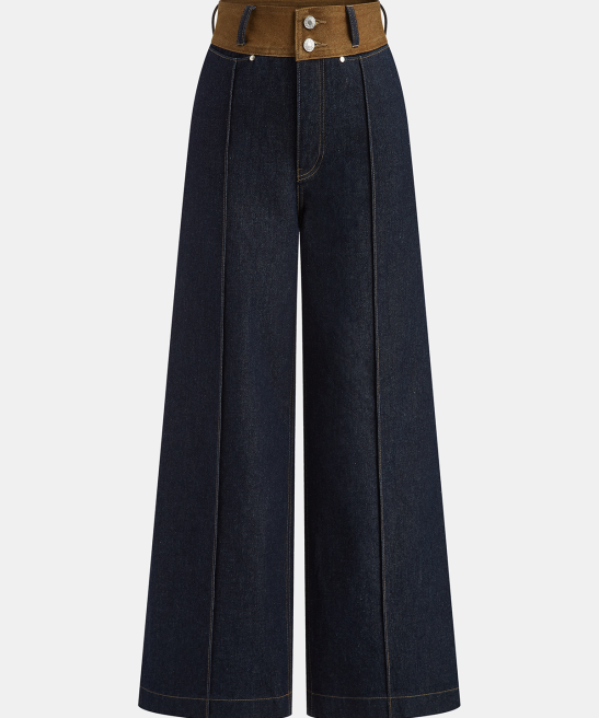 Contrast Waistband Denim Straight-Leg Pants