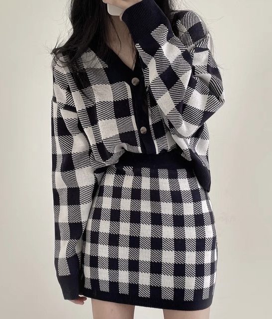 Checkered Wool Blend Button Cardigan And Skirt Set