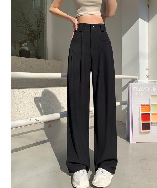 Black Wide-Leg Slip Pocket Straight Suit Pants