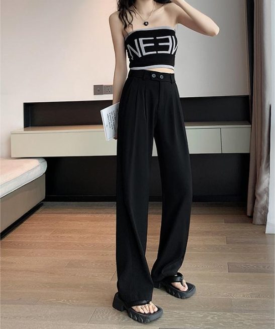 Black Business Casual Double Buckle Wide-leg Suit Pants